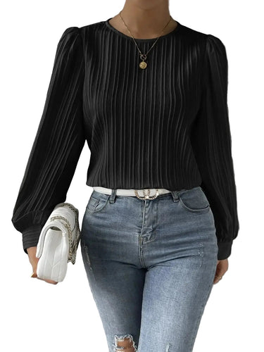 Blusa Feminina Plissada de Manga Longa com Fechamento em Botão nas Costas 1