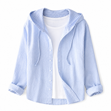Camisa Feminina Listrada com Capuz e Botões 1