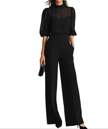 Conjunto Feminino de Blusa Transparente com Gola Alta e Calça Wide Leg 1