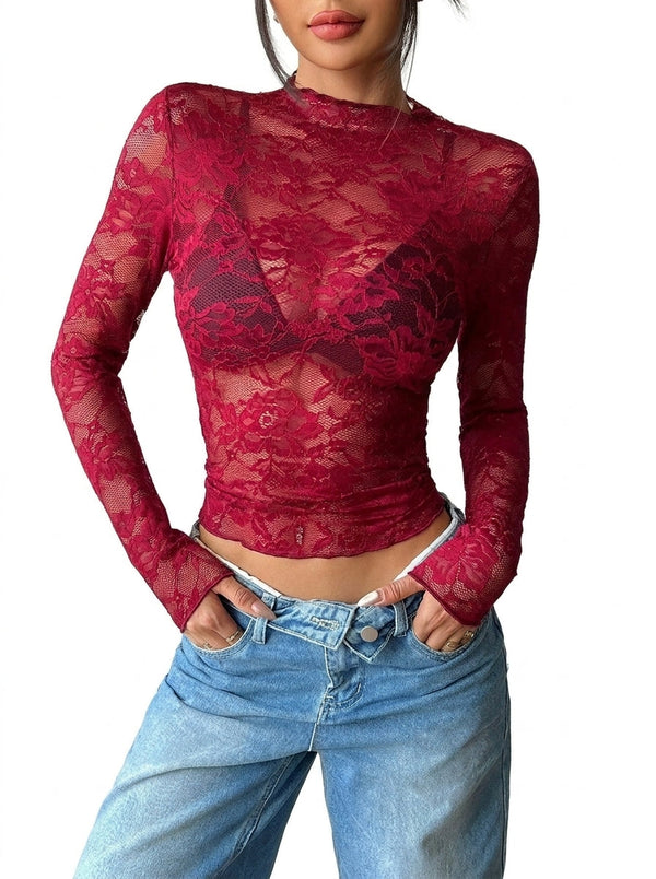 Blusa Feminina de Manga Longa em Renda com Gola Alta 1