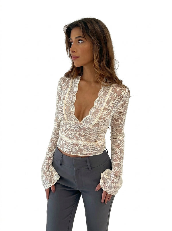 Blusa Feminina de Renda com Decote em V e Manga Longa 1