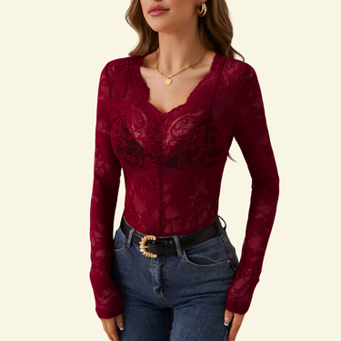 Body Feminino de Renda Manga Longa com Decote V Escalopado 4