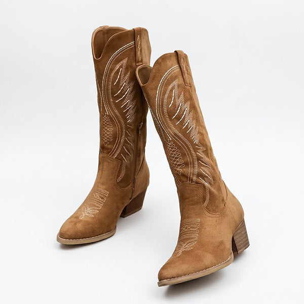 Botas Western de Cano Alto com Painéis Bordados e Salto Bloco 1