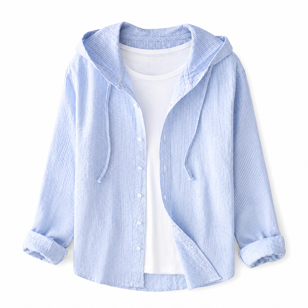 Camisa Feminina Listrada com Capuz e Botões 1
