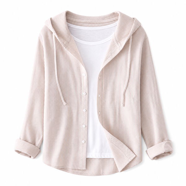 Camisa Feminina Listrada com Capuz e Botões 2