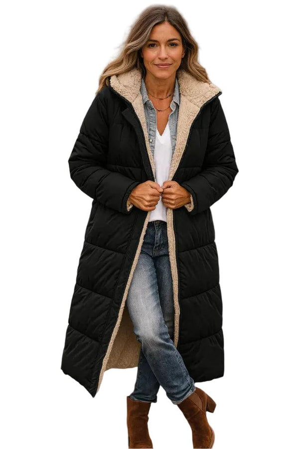 Casaco Puffer Longo Feminino com Capuz e Forro de Fleece 1