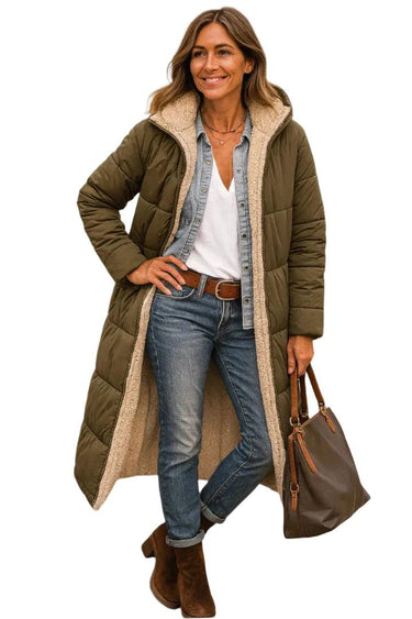 Casaco Puffer Longo Feminino com Capuz e Forro de Fleece 3
