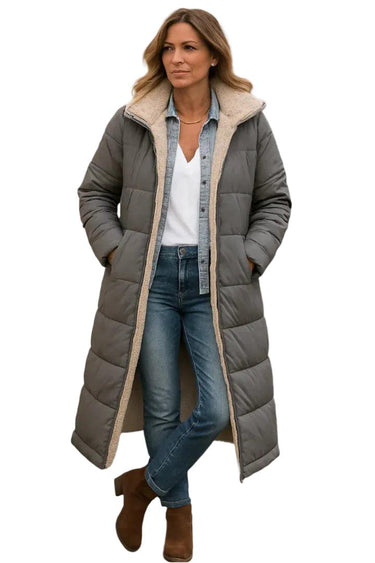 Casaco Puffer Longo Feminino com Capuz e Forro de Fleece 4