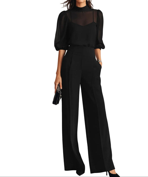 Conjunto Feminino de Blusa Transparente com Gola Alta e Calça Wide Leg 1