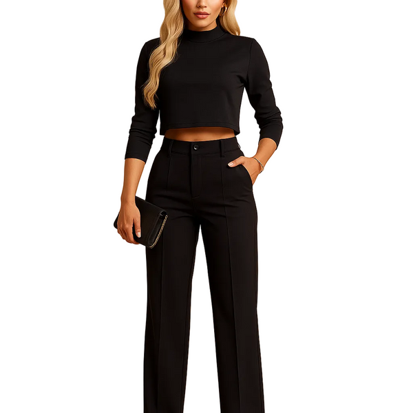 Conjunto Feminino de Cropped de Gola Alta e Calça Reta 1