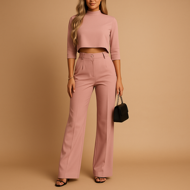 Conjunto Feminino de Cropped de Gola Alta e Calça Reta 3