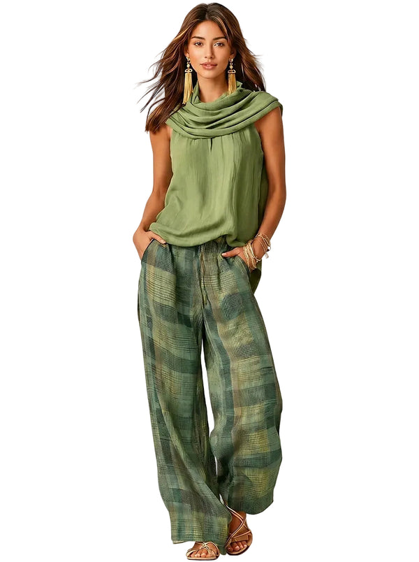 Conjunto Feminino de Regata com Decote Drapeado e Calça Pantalona Xadrez 1