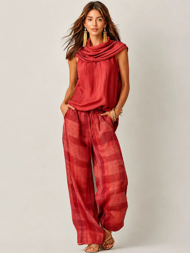 Conjunto Feminino de Regata com Decote Drapeado e Calça Pantalona Xadrez 3
