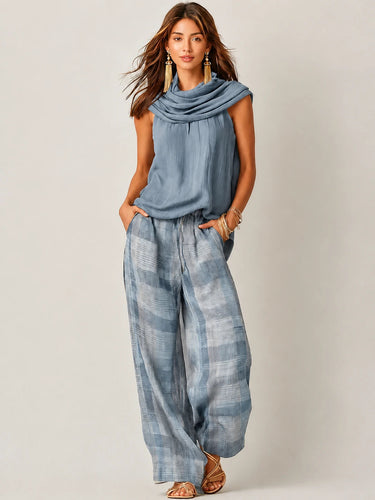 Conjunto Feminino de Regata com Decote Drapeado e Calça Pantalona Xadrez 4