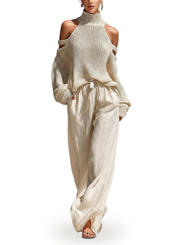 Conjunto Feminino de Suéter de Tricô com Ombros Vazados e Calça Wide-Leg 1
