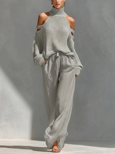 Conjunto Feminino de Suéter de Tricô com Ombros Vazados e Calça Wide-Leg 3
