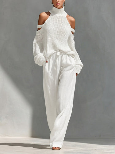Conjunto Feminino de Suéter de Tricô com Ombros Vazados e Calça Wide-Leg 4