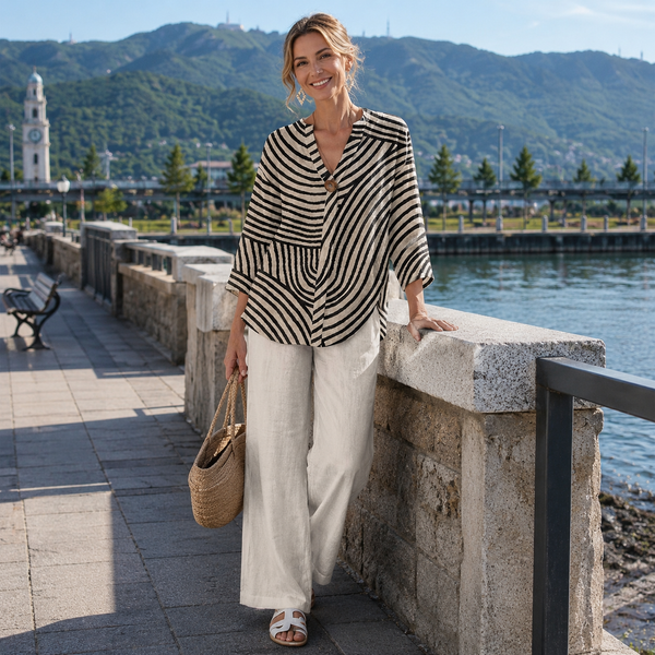 Conjunto de Blusa Listrada e Calça Wide Leg Feminino 2