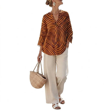 Conjunto de Blusa Listrada e Calça Wide Leg Feminino 4