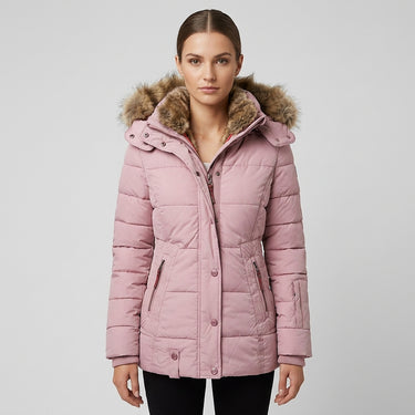 Jaqueta Puffer Feminina com Capuz Forrado de Pele Sintética 2