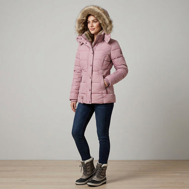 Jaqueta Puffer Feminina com Capuz Forrado de Pele Sintética 2
